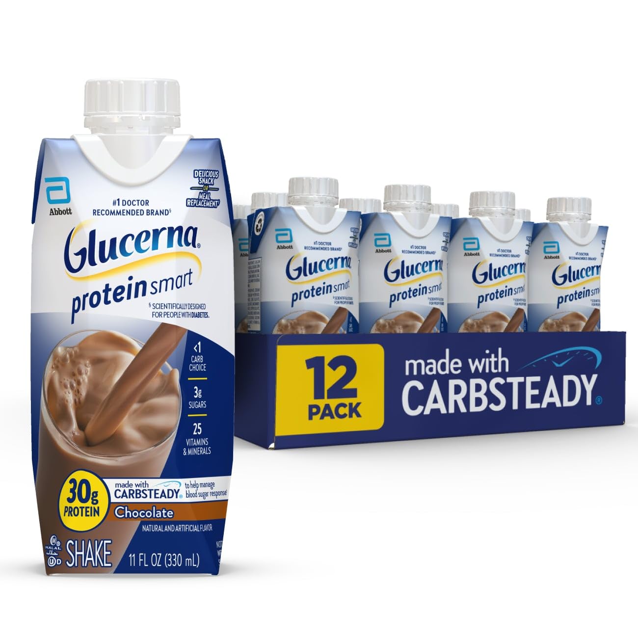 Glucerna Protein Smart Nutrition Shake to Support Blood Sugar Management | Diabetes Care Shake, 30g Protein, Ready-to-Drink Meal or Snack Replacement for Adults, 150 Calories, Chocolate, 12 Pack