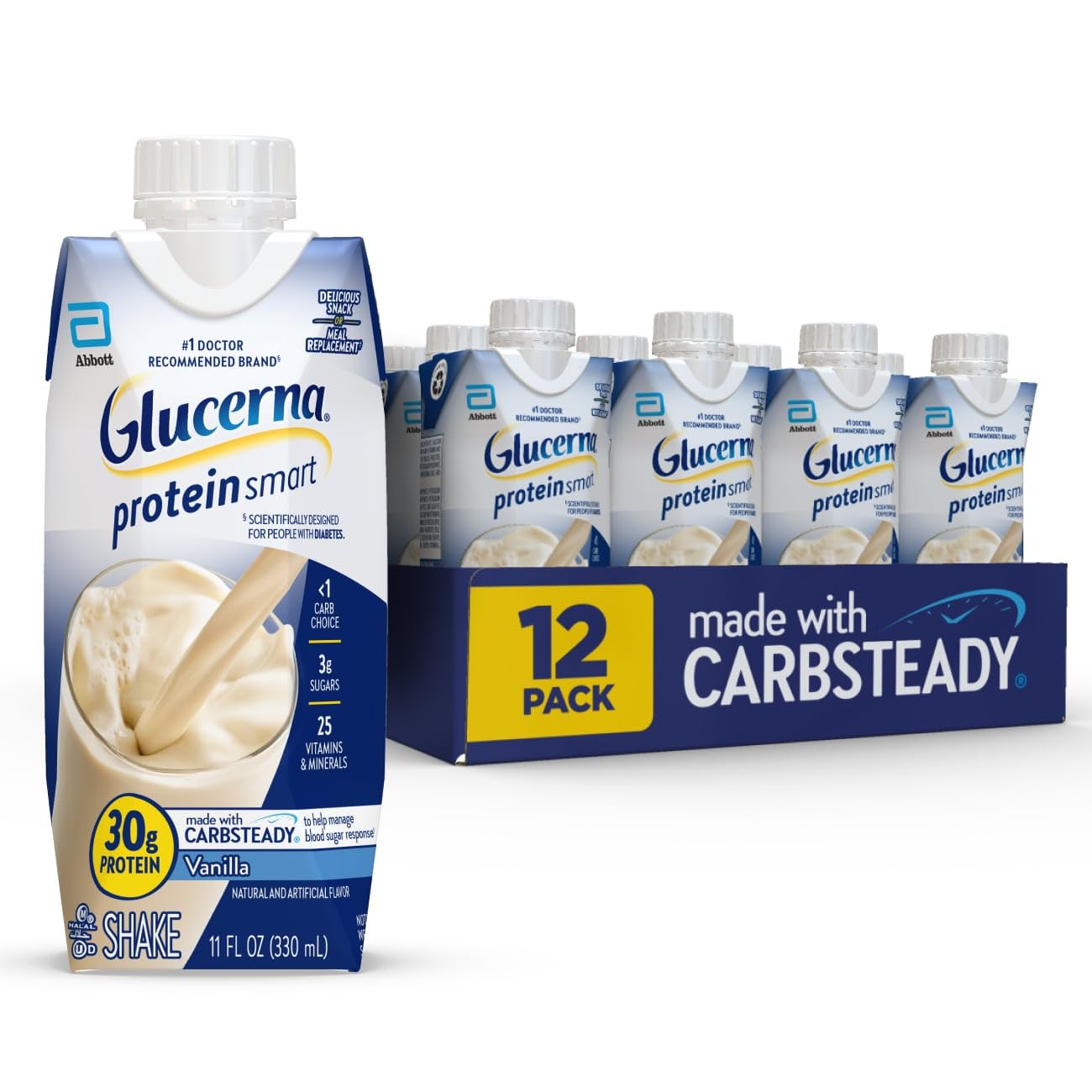 Glucerna Protein Smart Nutrition Shake to Support Blood Sugar Management | Diabetes Care Shake, 30g Protein, Ready-to-Drink Meal or Snack Replacement for Adults, 150 Calories, Chocolate, 12 Pack