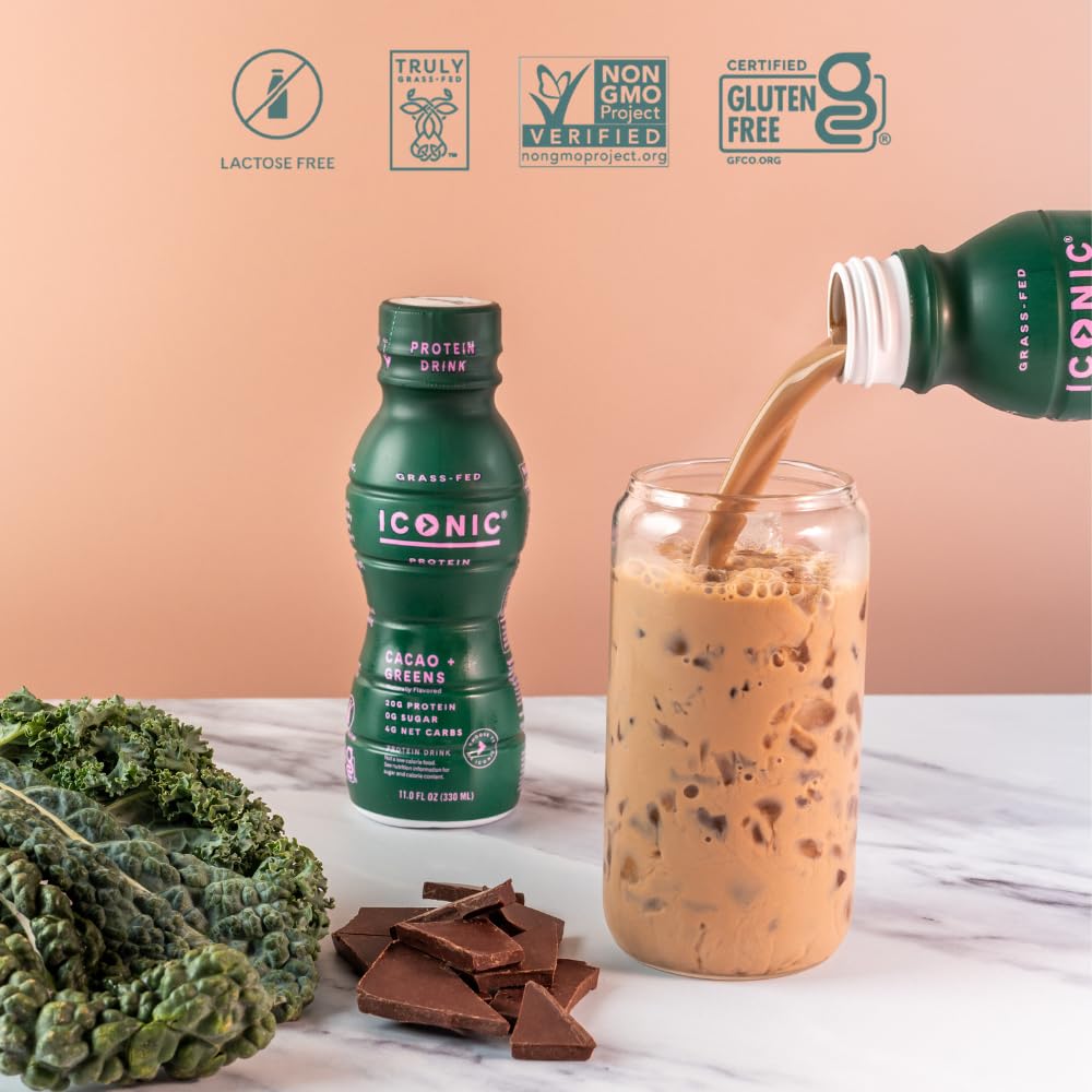 ICONIC Protein Shake, Cacao + Greens (12 Pack) – 20g Grass-Fed Protein Drink – Low Carb, Sugar Free, Keto Friendly – Lactose Free, High Protein Snack or Meal Replacement Shake
