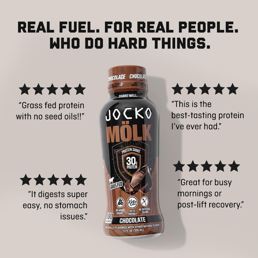 Jocko Mölk 30g Grass Fed Protein Shakes – No Added Sugar Protein Drinks KETO Friendly - Ready to Drink 12 FL Oz (Pack of 12) Vanilla
