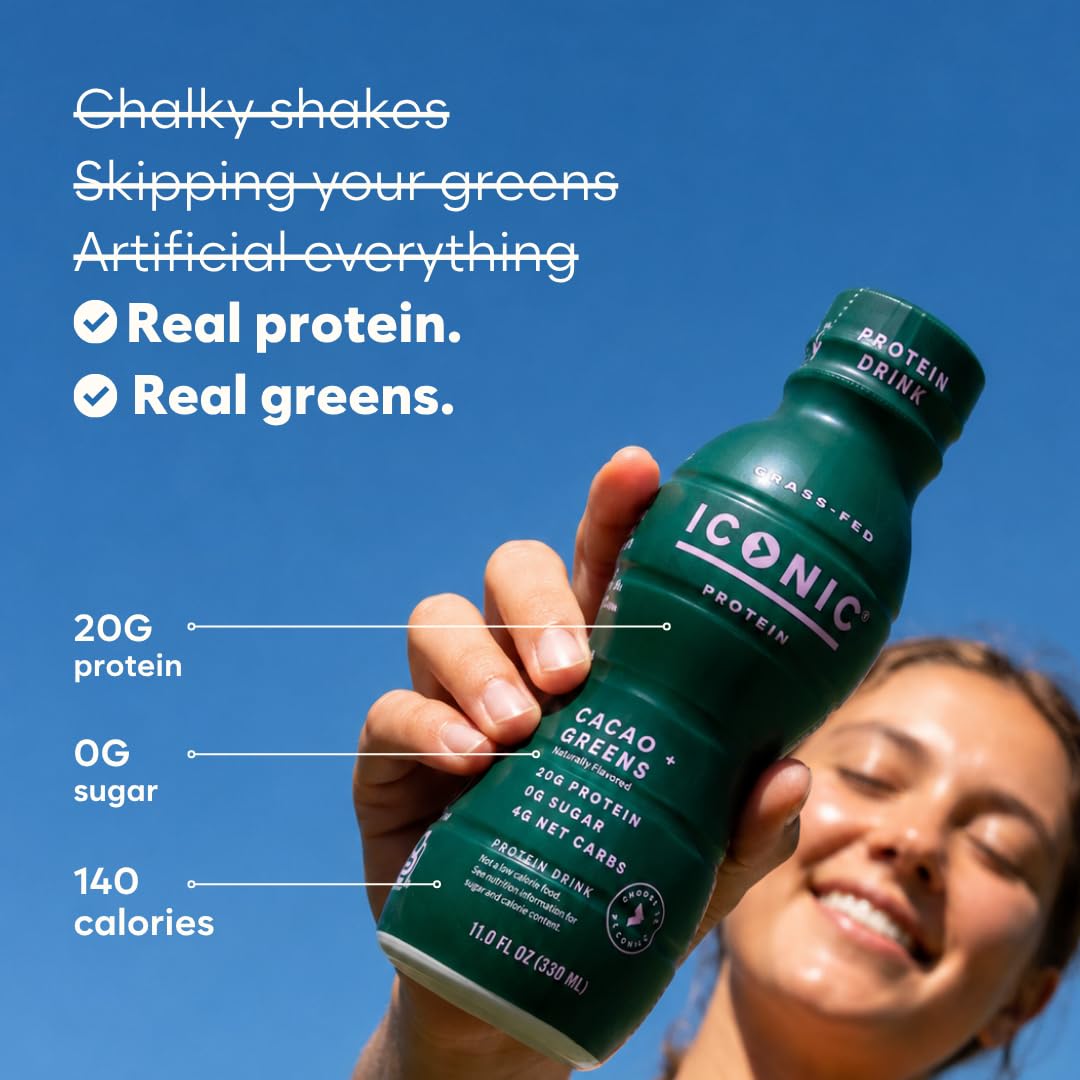 ICONIC Protein Shake, Cacao + Greens (12 Pack) – 20g Grass-Fed Protein Drink – Low Carb, Sugar Free, Keto Friendly – Lactose Free, High Protein Snack or Meal Replacement Shake