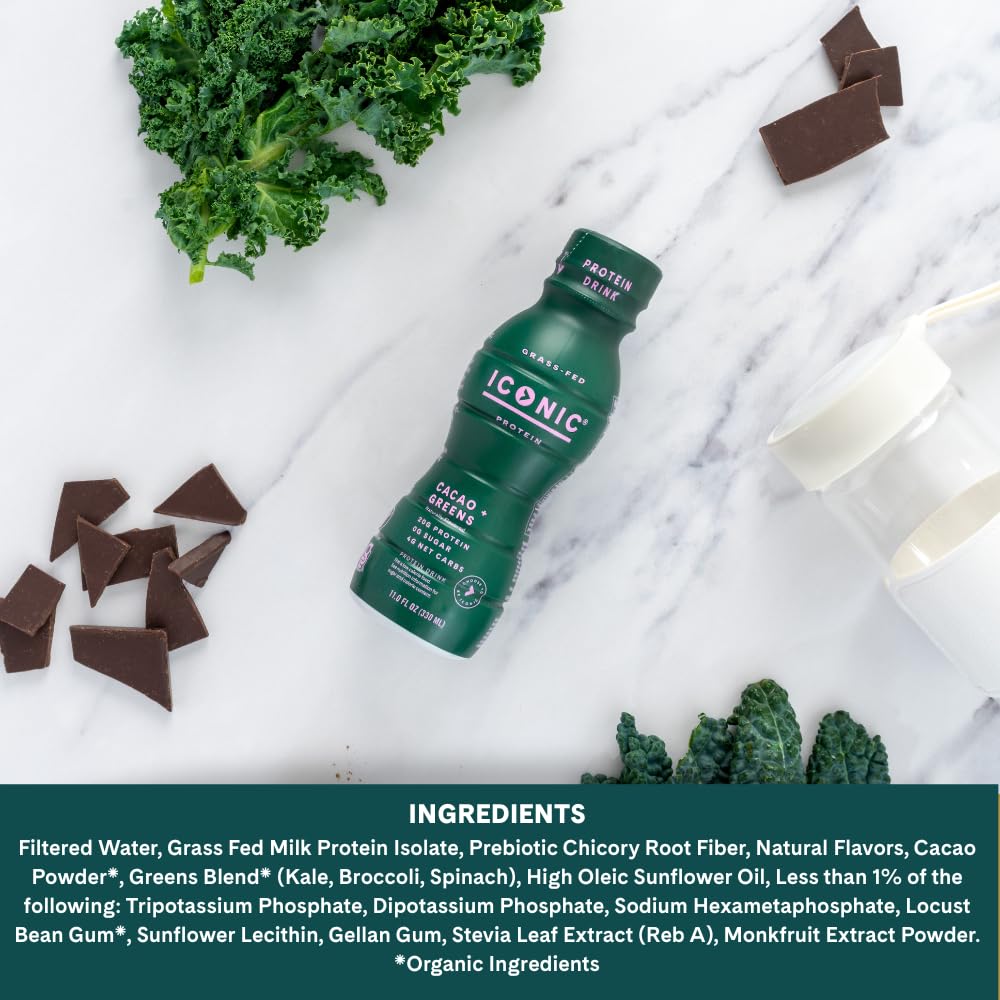ICONIC Protein Shake, Cacao + Greens (12 Pack) – 20g Grass-Fed Protein Drink – Low Carb, Sugar Free, Keto Friendly – Lactose Free, High Protein Snack or Meal Replacement Shake