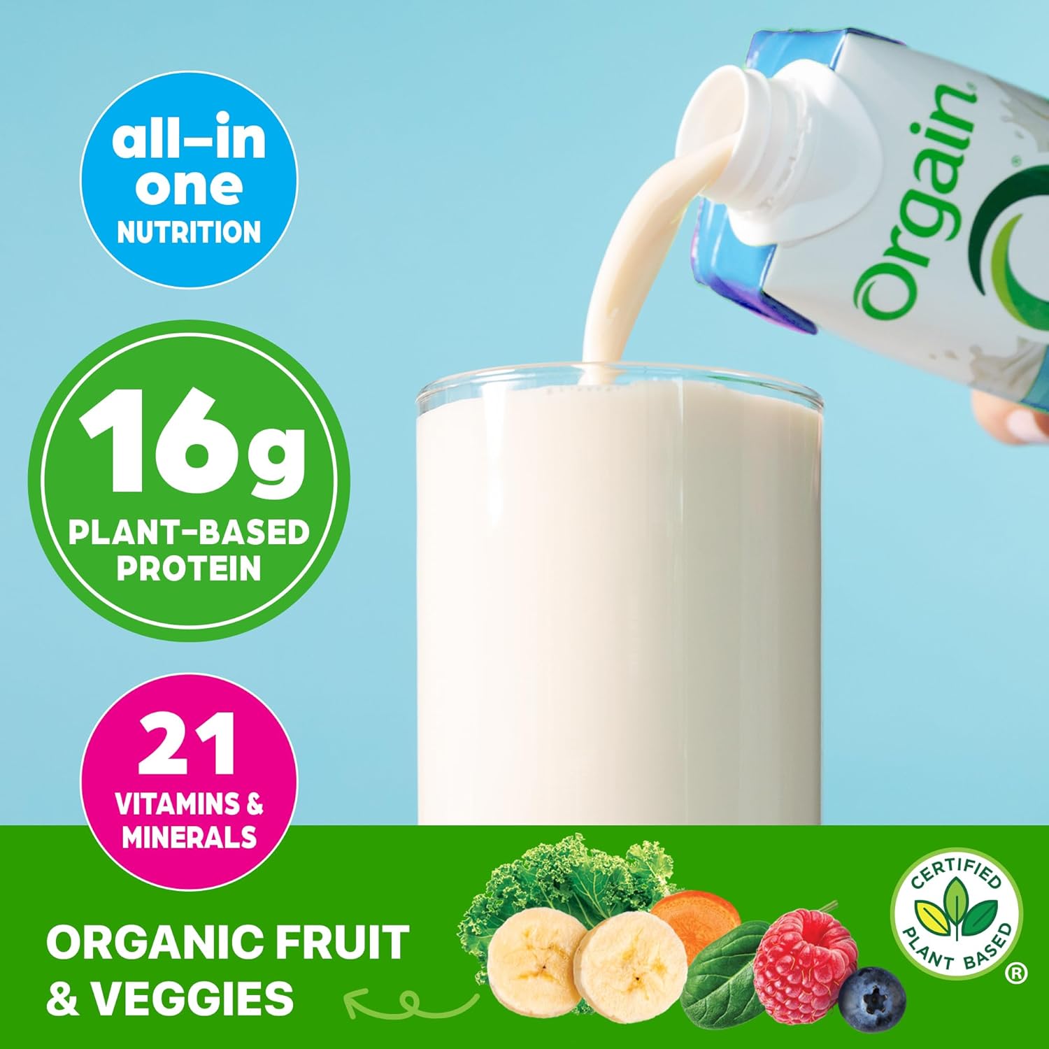 Orgain Organic Nutritional Vegan 16g Protein Shake, Vanilla, 11 oz, 12pk | Ready to drink plant based protein, meal replacement, 21 vitamins & minerals, fruits & vegetables, non-GMO, gluten-free