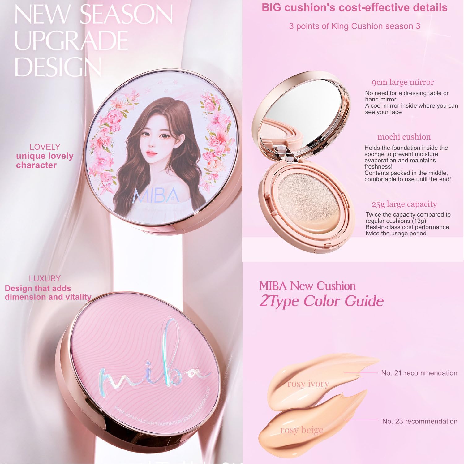 MIBA Ion Calcium Foundation Double Cushion Glow 25 g / 0.88 oz Big Cushion SEASON 3. Long Lasting Cover Effect. Moisture glow. Skin tightening relief. Smooth adhesion. (Lovely #23 Rosy Beige)