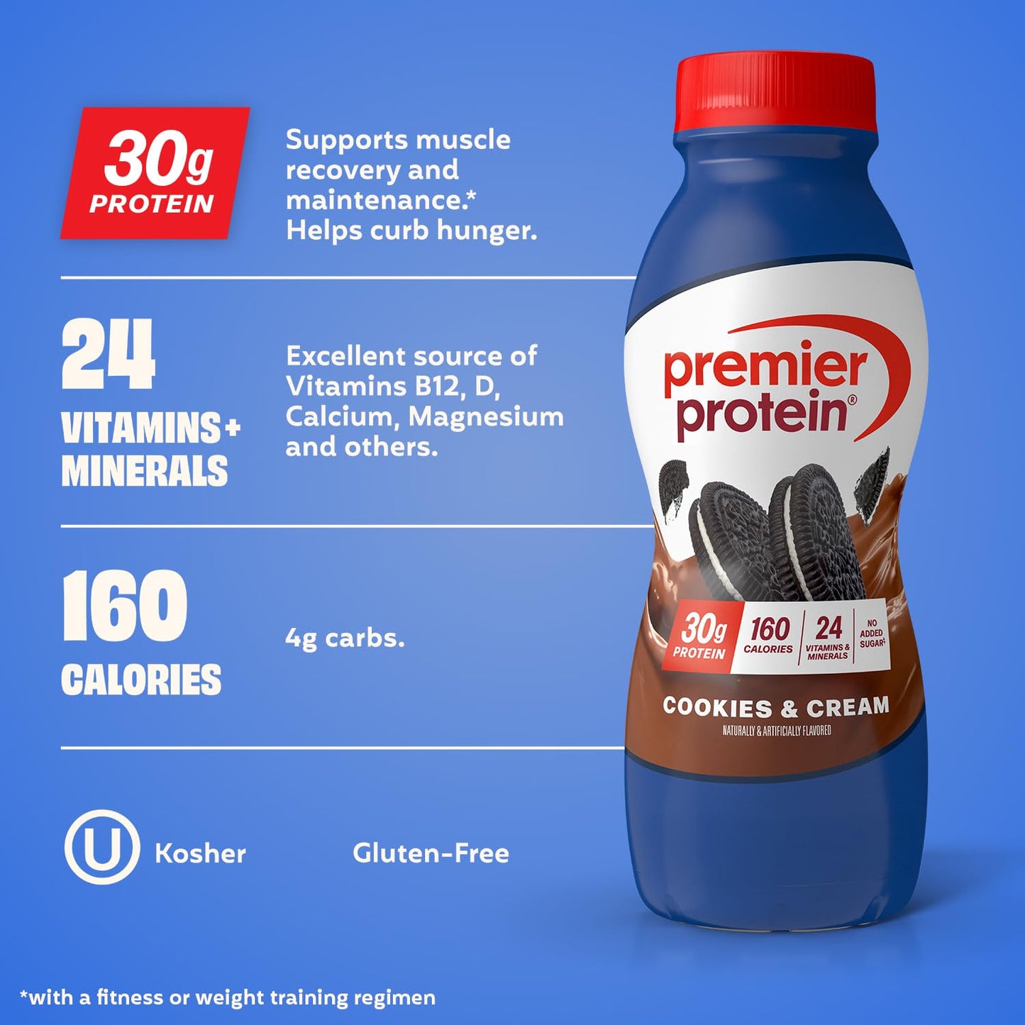 Premier Protein 30g High Protein Shake, Cookies & Cream, 12 Pack | 160 Calories, 24 Vitamins & Minerals, No Added Sugar, Supports Muscle Health, Gluten-Free, 11.5 oz