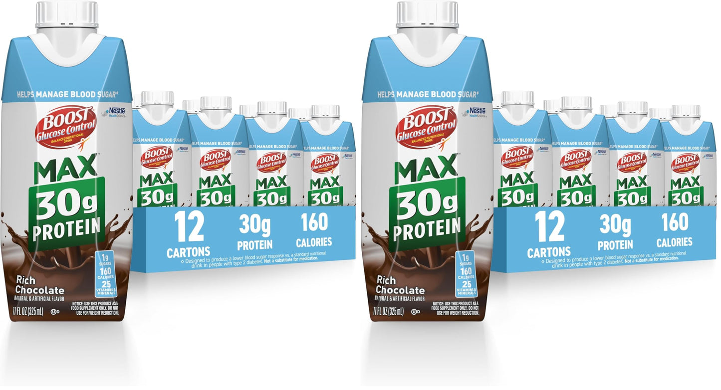 BOOST Glucose Control Max 30g Protein Nutritional Drink, Rich Chocolate, 11 Fl Oz (Pack of 12), Packaging May Vary | 30g Protein, Pack of 12