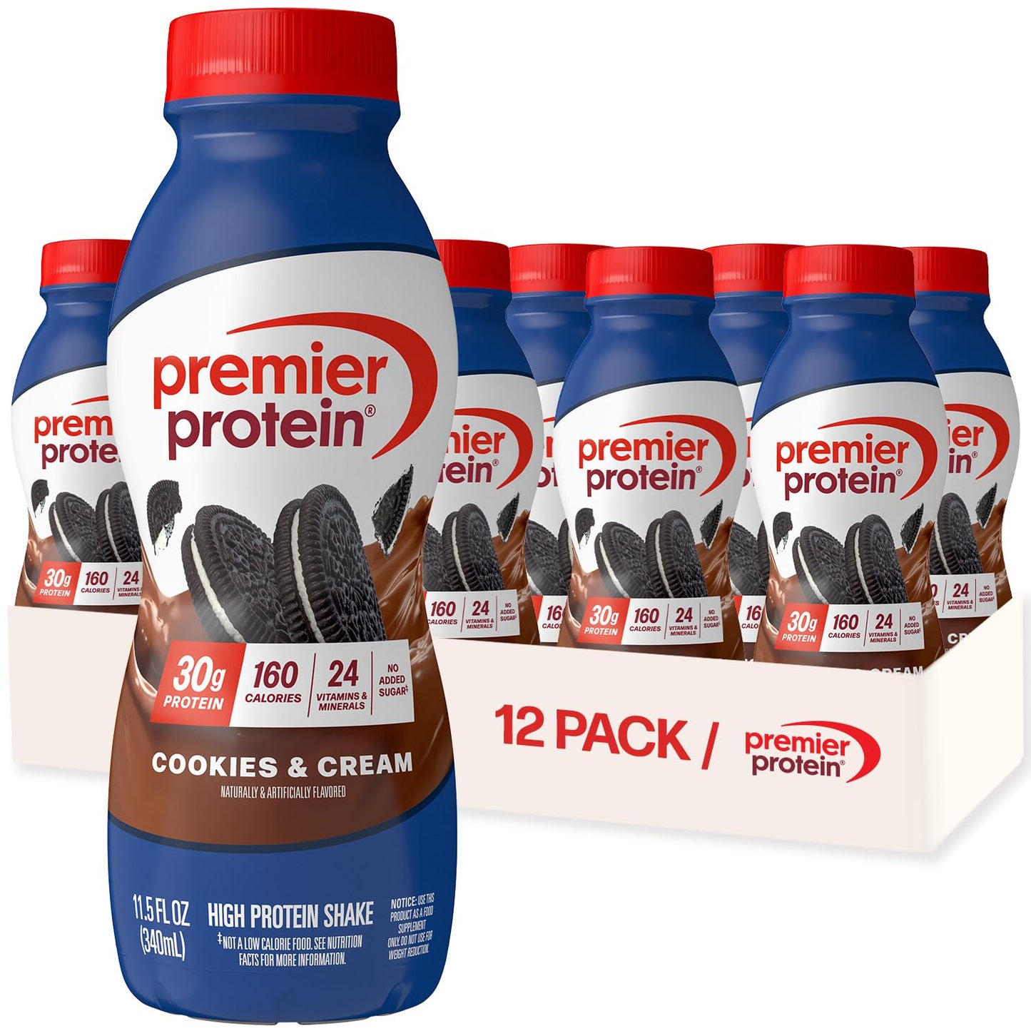 Premier Protein 30g High Protein Shake, Cookies & Cream, 12 Pack | 160 Calories, 24 Vitamins & Minerals, No Added Sugar, Supports Muscle Health, Gluten-Free, 11.5 oz