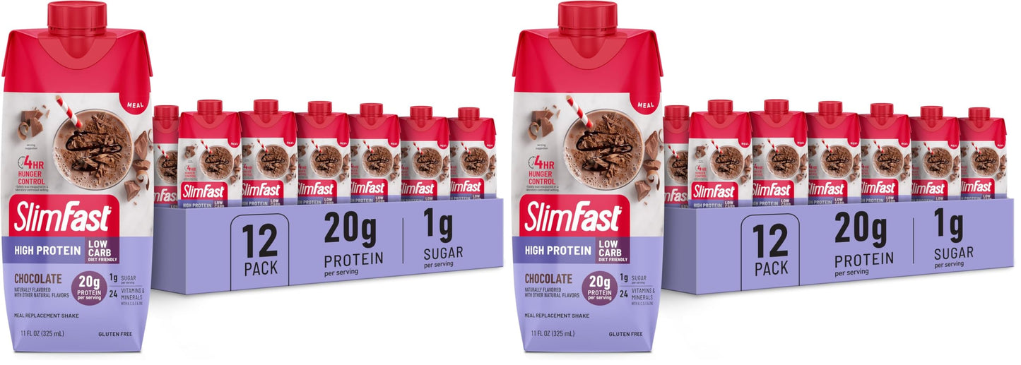 SlimFast Protein Shake, Chocolate- 20g Protein, Meal Replacement Shake Ready to Drink, High Protein with Low Carb and Low Sugar, 24 Vitamins and Minerals, 12 Count (Pack of 1) (Packaging May Vary)