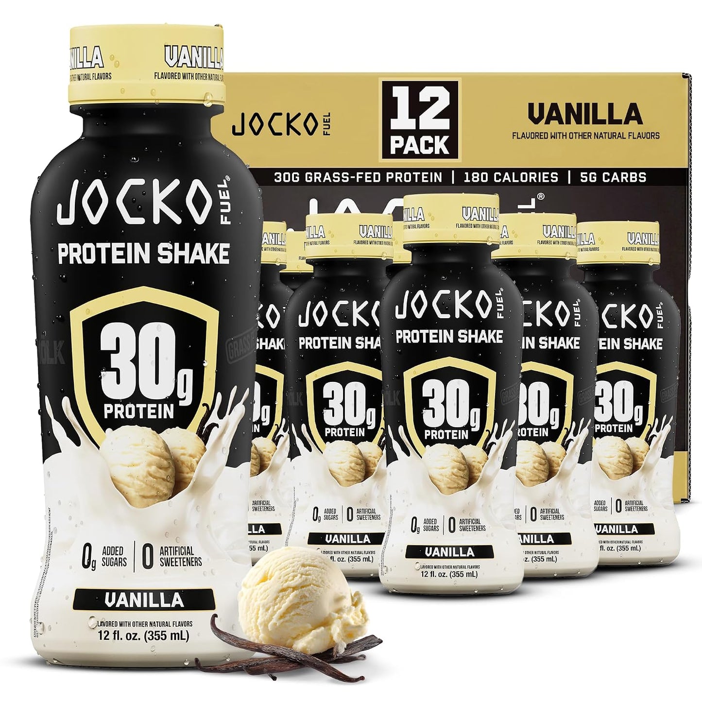 Jocko Mölk 30g Grass Fed Protein Shakes – No Added Sugar Protein Drinks KETO Friendly - Ready to Drink 12 FL Oz (Pack of 12) Vanilla