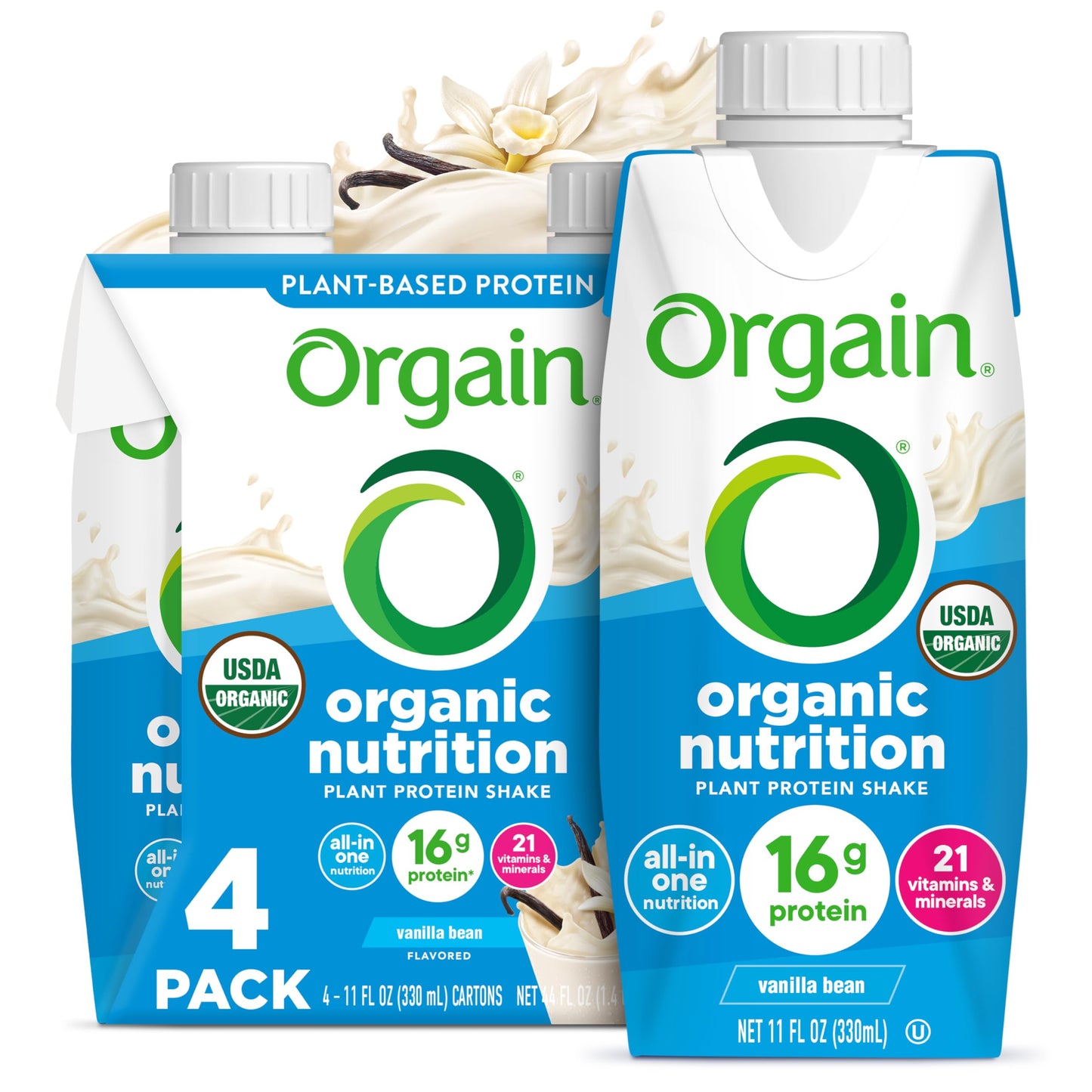 Orgain Organic Nutritional Vegan 16g Protein Shake, Vanilla, 11 oz, 12pk | Ready to drink plant based protein, meal replacement, 21 vitamins & minerals, fruits & vegetables, non-GMO, gluten-free