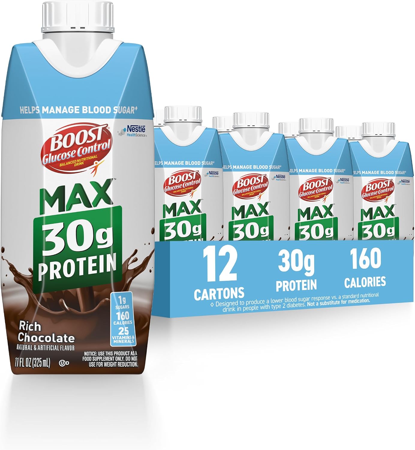 BOOST Glucose Control Max 30g Protein Nutritional Drink, Rich Chocolate, 11 Fl Oz (Pack of 12), Packaging May Vary | 30g Protein, Pack of 12
