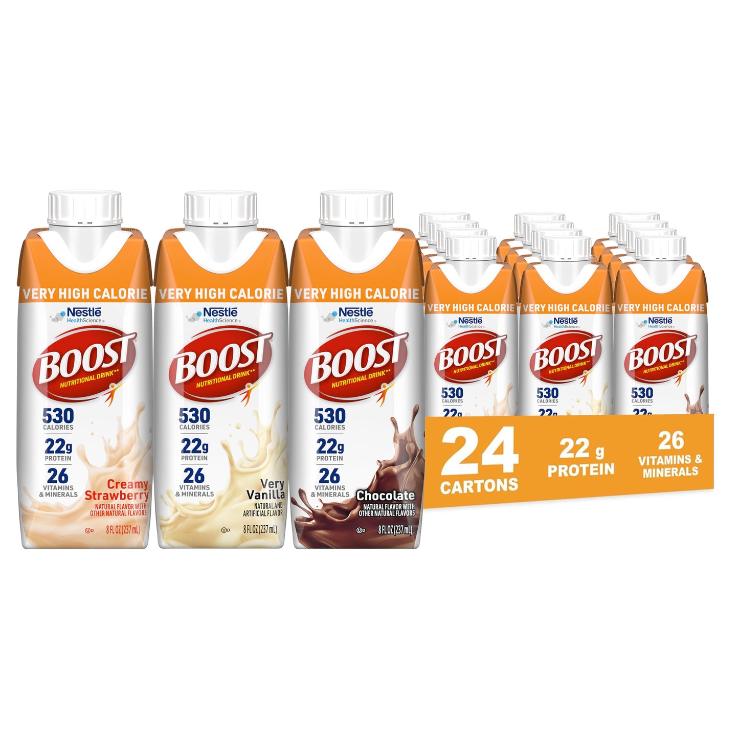 BOOST Very High Calorie Nutritional Drink - Helps Weight Gain & Maintenance - 530 Calories - 26 Vitamins & Minerals - 22 g Protein - Calorie-Dense Nutritional Drink - Creamy Strawberry - 8 fl oz (Pack of 24)