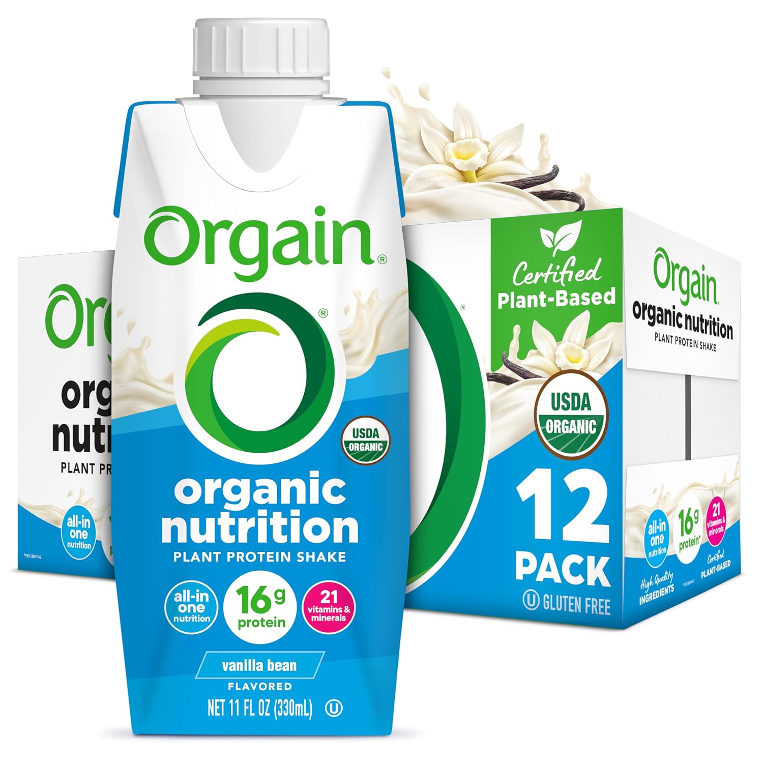 Orgain Organic Nutritional Vegan 16g Protein Shake, Vanilla, 11 oz, 12pk | Ready to drink plant based protein, meal replacement, 21 vitamins & minerals, fruits & vegetables, non-GMO, gluten-free