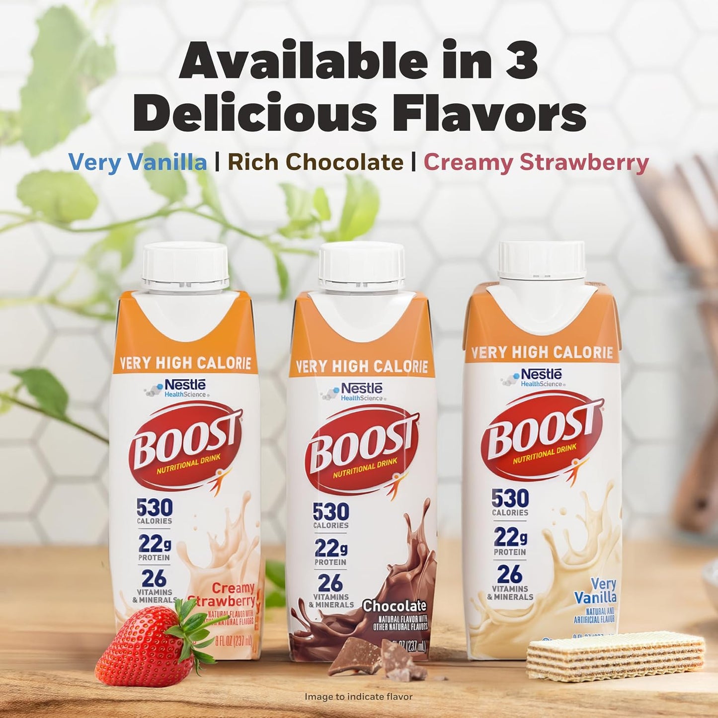 BOOST Very High Calorie Nutritional Drink - Helps Weight Gain & Maintenance - 530 Calories - 26 Vitamins & Minerals - 22 g Protein - Calorie-Dense Nutritional Drink - Creamy Strawberry - 8 fl oz (Pack of 24)