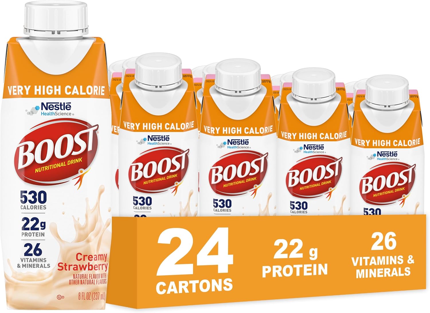 BOOST Very High Calorie Nutritional Drink - Helps Weight Gain & Maintenance - 530 Calories - 26 Vitamins & Minerals - 22 g Protein - Calorie-Dense Nutritional Drink - Creamy Strawberry - 8 fl oz (Pack of 24)