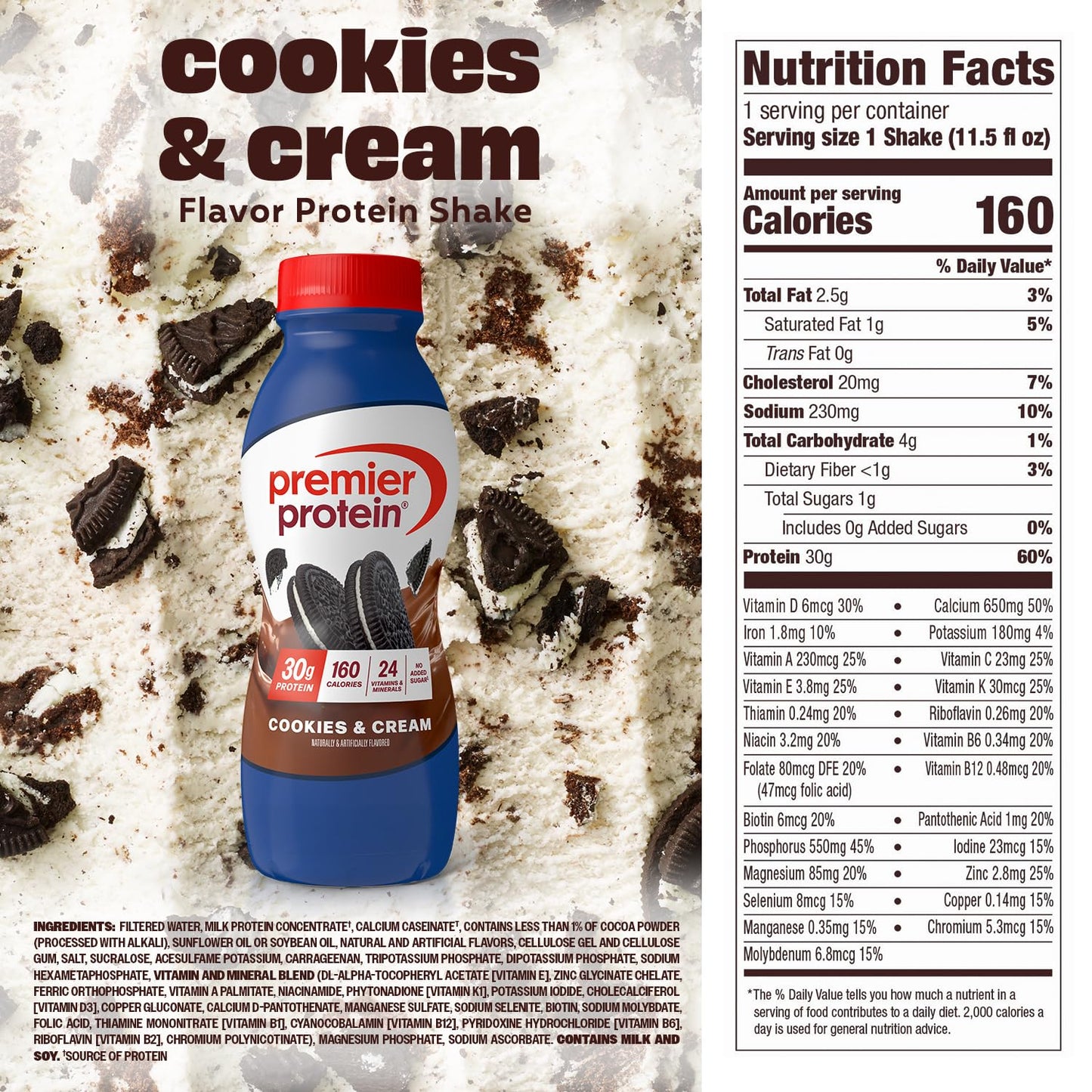 Premier Protein 30g High Protein Shake, Cookies & Cream, 12 Pack | 160 Calories, 24 Vitamins & Minerals, No Added Sugar, Supports Muscle Health, Gluten-Free, 11.5 oz