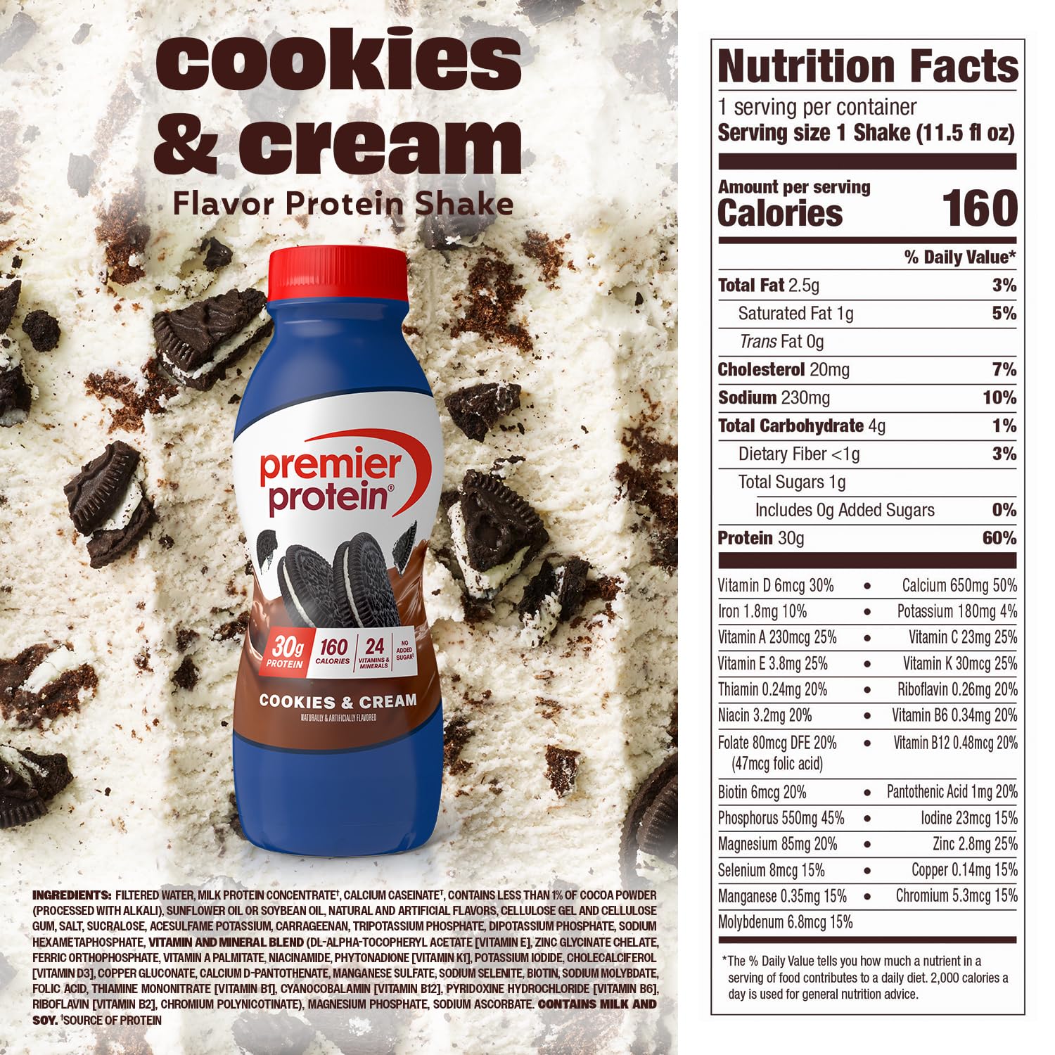 Premier Protein 30g High Protein Shake, Cookies & Cream, 12 Pack | 160 Calories, 24 Vitamins & Minerals, No Added Sugar, Supports Muscle Health, Gluten-Free, 11.5 oz