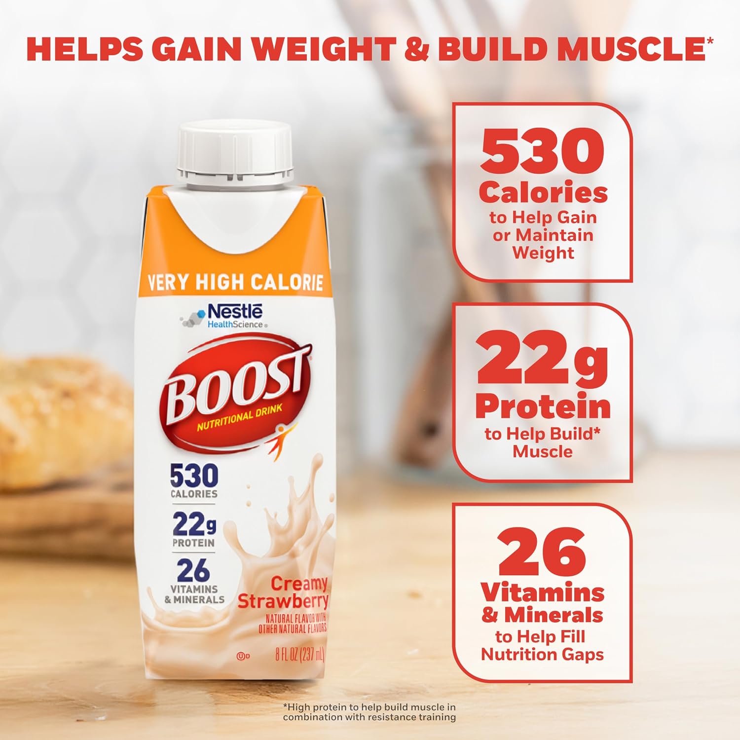 BOOST Very High Calorie Nutritional Drink - Helps Weight Gain & Maintenance - 530 Calories - 26 Vitamins & Minerals - 22 g Protein - Calorie-Dense Nutritional Drink - Creamy Strawberry - 8 fl oz (Pack of 24)