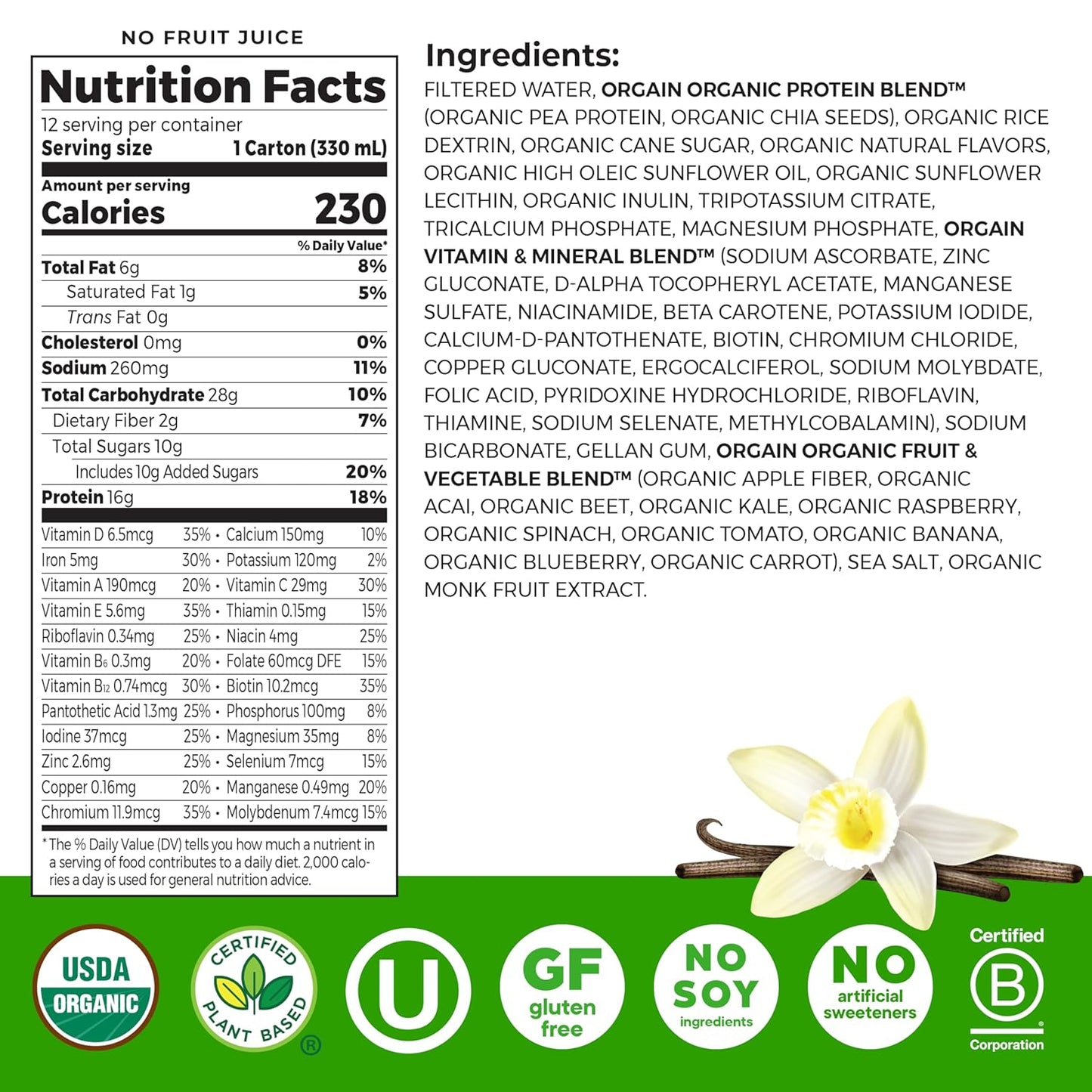 Orgain Organic Nutritional Vegan 16g Protein Shake, Vanilla, 11 oz, 12pk | Ready to drink plant based protein, meal replacement, 21 vitamins & minerals, fruits & vegetables, non-GMO, gluten-free