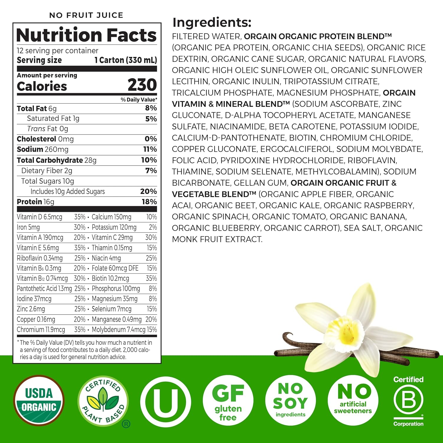 Orgain Organic Nutritional Vegan 16g Protein Shake, Vanilla, 11 oz, 12pk | Ready to drink plant based protein, meal replacement, 21 vitamins & minerals, fruits & vegetables, non-GMO, gluten-free