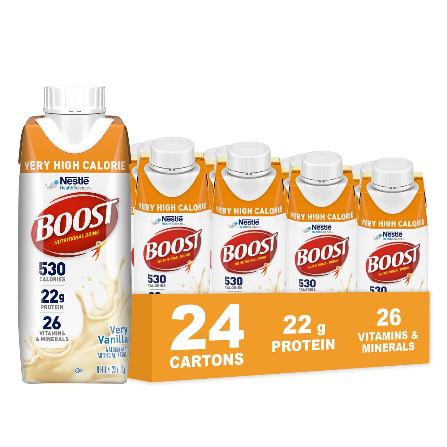 BOOST Very High Calorie Nutritional Drink - Helps Weight Gain & Maintenance - 530 Calories - 26 Vitamins & Minerals - 22 g Protein - Calorie-Dense Nutritional Drink - Creamy Strawberry - 8 fl oz (Pack of 24)