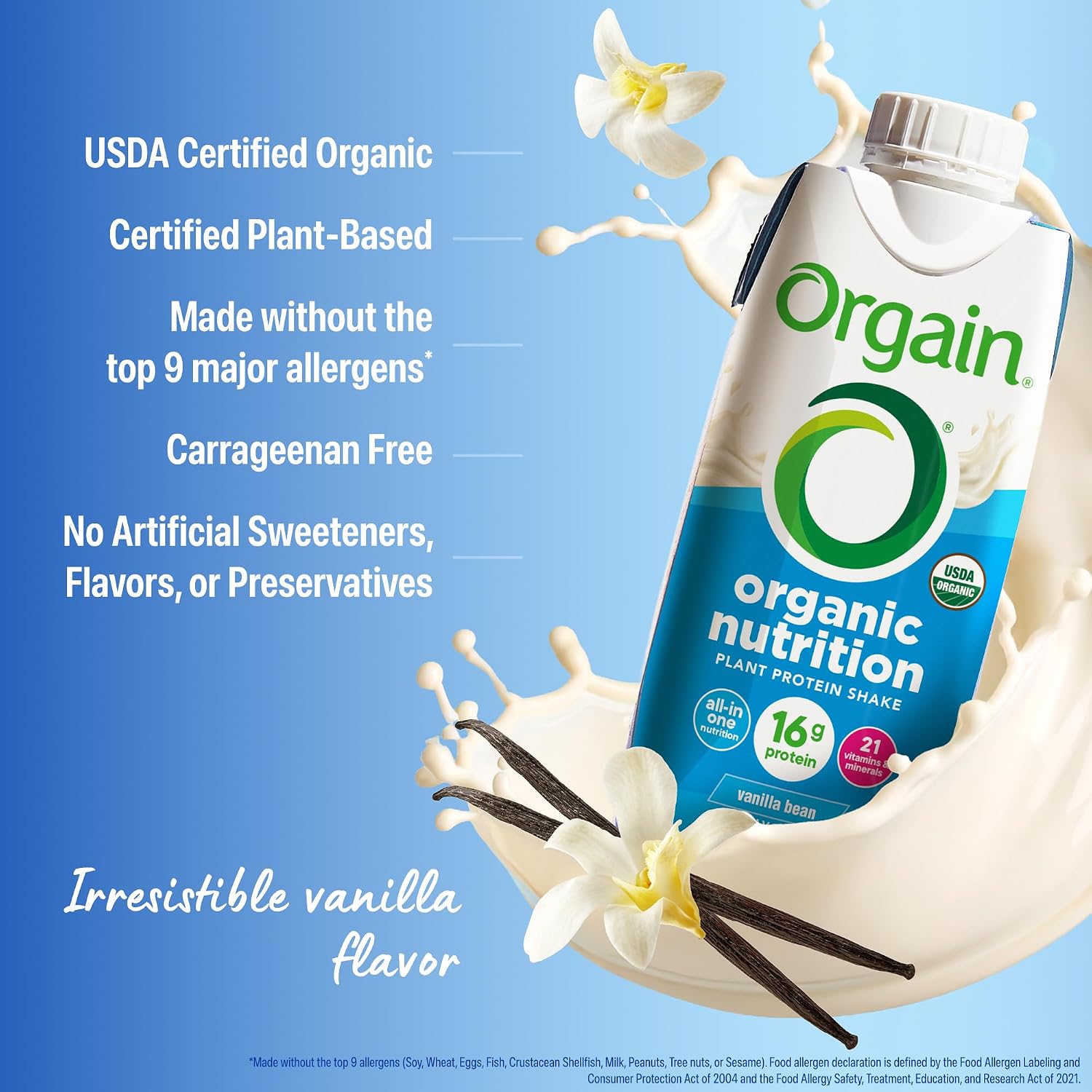 Orgain Organic Nutritional Vegan 16g Protein Shake, Vanilla, 11 oz, 12pk | Ready to drink plant based protein, meal replacement, 21 vitamins & minerals, fruits & vegetables, non-GMO, gluten-free