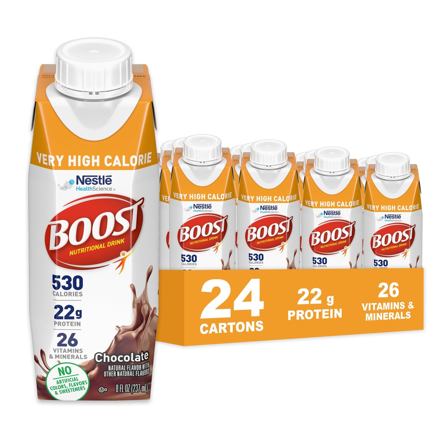 BOOST Very High Calorie Nutritional Drink - Helps Weight Gain & Maintenance - 530 Calories - 26 Vitamins & Minerals - 22 g Protein - Calorie-Dense Nutritional Drink - Creamy Strawberry - 8 fl oz (Pack of 24)